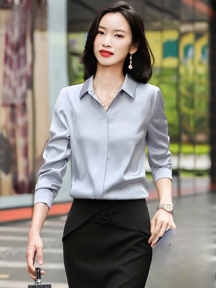 

Light Grey Silk Chiffon Shirt Women's Professional Long Sleeve Autumn New Style Fashion Design Sense Satin Surface Business Top