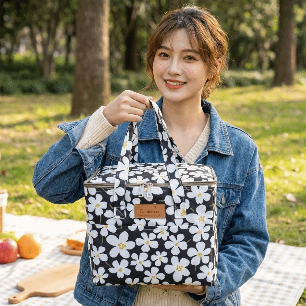 Handheld Oxford Fabric Floral Print Insulated Bag Waterproof Oilproof Thermal Tote Reusable Portable Food Carrier Picnic