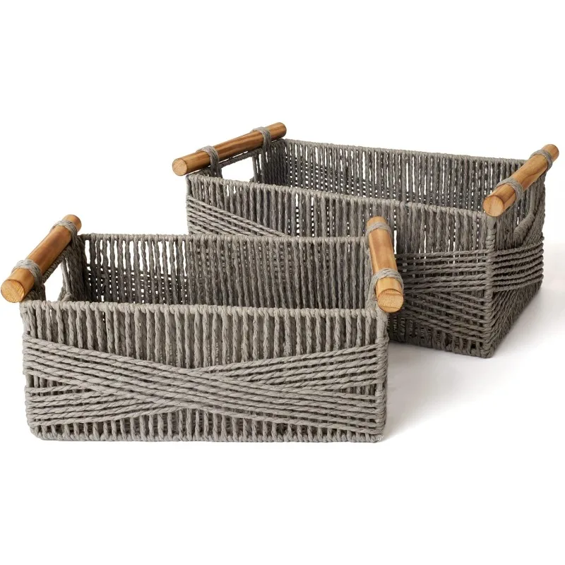 

Wicker Storage Baskets for Organizing, Recyclable Paper Rope Basket with Wood Handles, Decorative Hand Woven