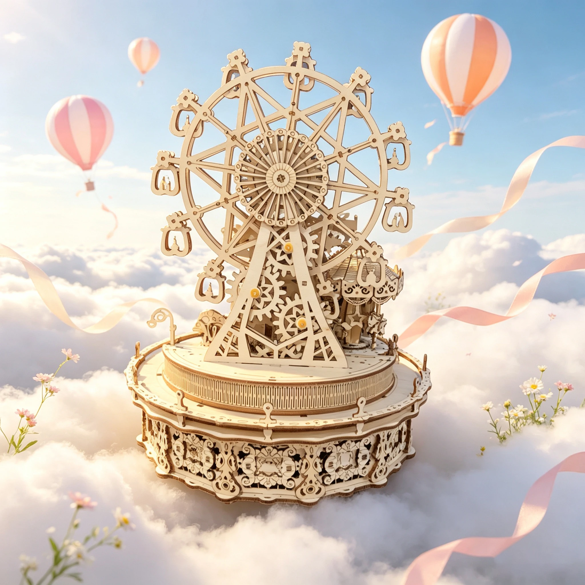 3D Wooden Puzzle Amusement Park Rotating Music Box, Ferris Wheel & Carousel DIY Model, Table Decor & Gift