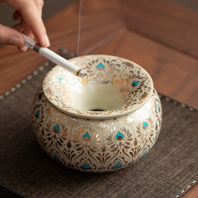Elegantly Designed Ceramic Ashtray Dustproof Lotus Vine Office Tea Wastebasket Luxury Feel Home Living Room Creative Gift