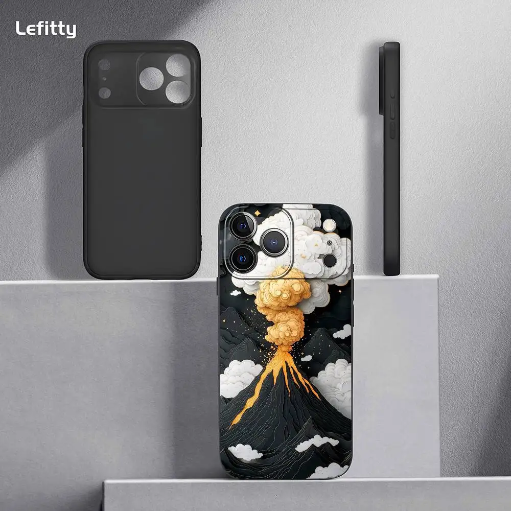 1 ST Vulkaan Art Design Telefoon Case Voor iPhone 17 16 15 14 13 12 11 Pro Max Plus Mini Zwart Frosted Soft Shell Funda