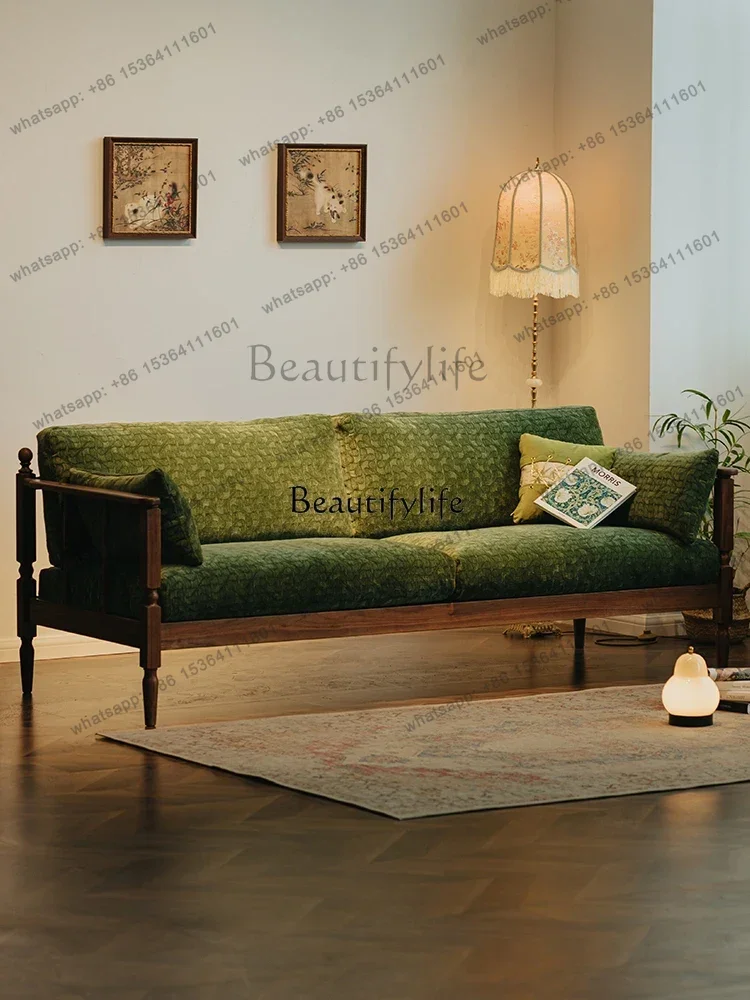 pg45Solid Wood Sofa Retro Three-Seat Green Fabric Black Walnut Wooden Furniture