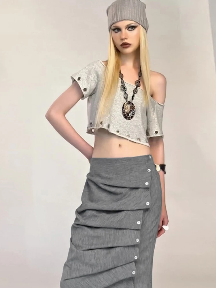 

Kliou Irregular Design Long Skirts Woman Elastic Waist Button Decoration High Street Casual Style Ruched Elegant Skinny Clothing