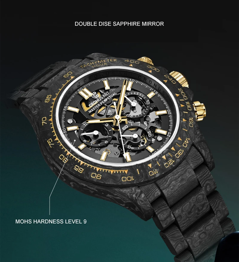 CRONUSART Orologio cronografo da uomo Sport 42mm Orologio da polso meccanico automatico Cassa e cinturino in fibra di carbonio Quadrante scheletrato luminoso