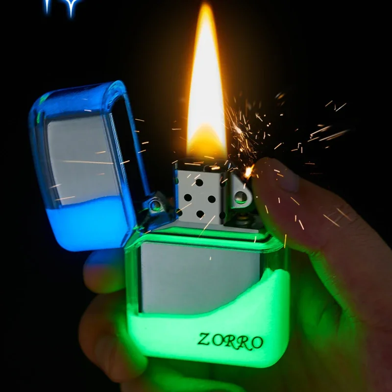 2024 Hot Selling ZORRO Night Glow Sandproof Windproof Lighter Cool Open Fire Kerosene Lighter Smoking Accessories High end Gift