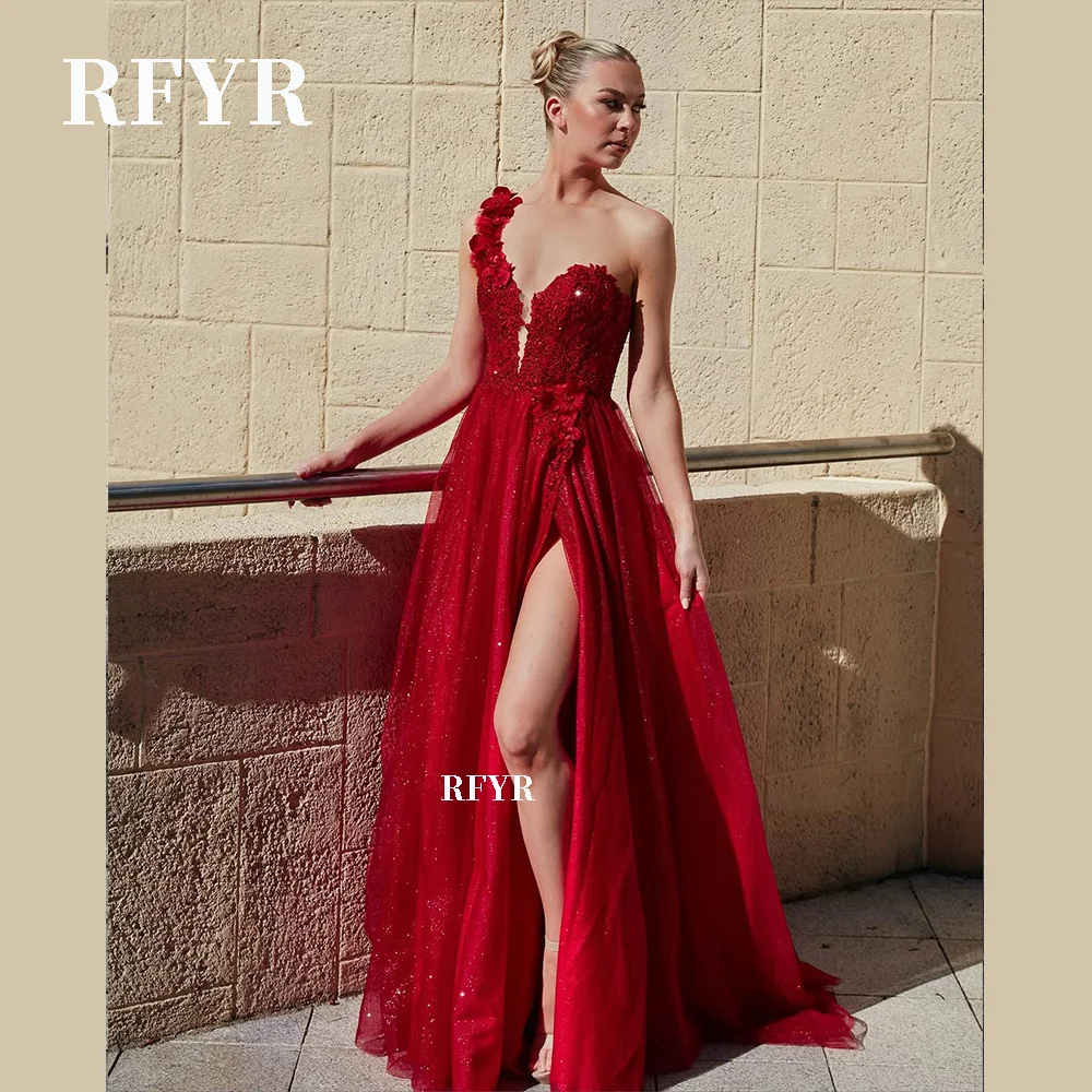 

RFYR One Shoulder Party Dress Glitter Evening Dress Lace Up فساتين مناسبة رسمية Applique Prom Dresses for Women Customized