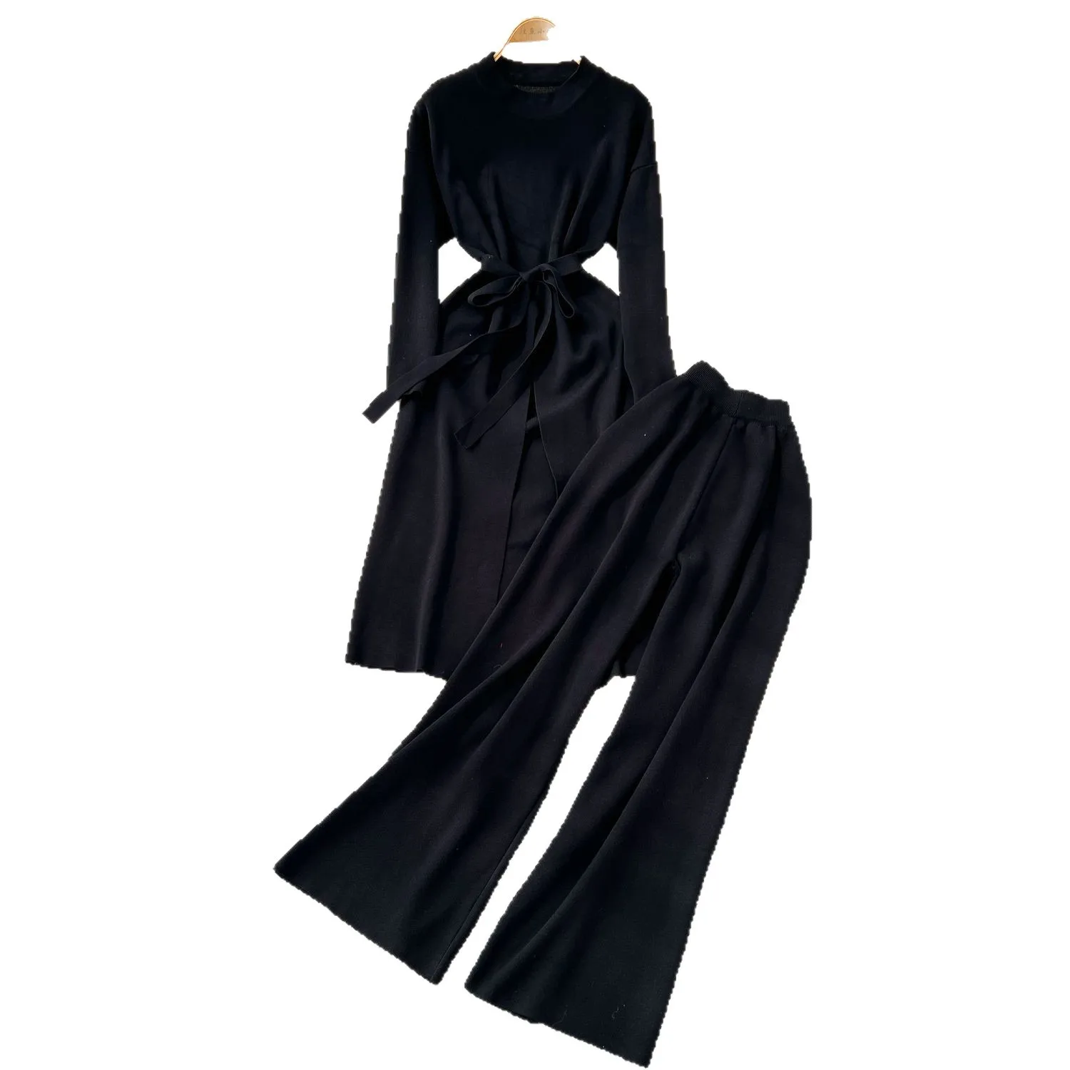 Two Pieces Women Knitted Pant Sets Solid Matching Sets Lace Up Side Slit Round Neck Pullover Sweater Wide Leg Pants 2025 Autumn