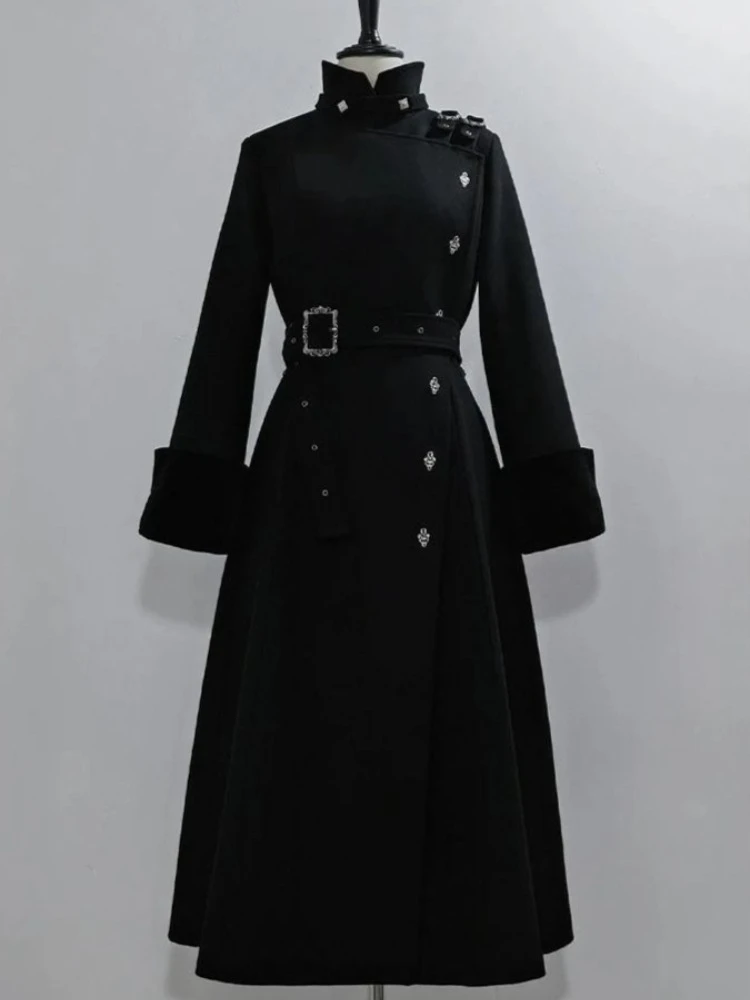 Aesthetic Gothic Style Elegant Long Woolen Coat Women Waist Tie Slimming Warm Overcoat 2025 Autumn Winter Elegant Fashion Outfit view 5