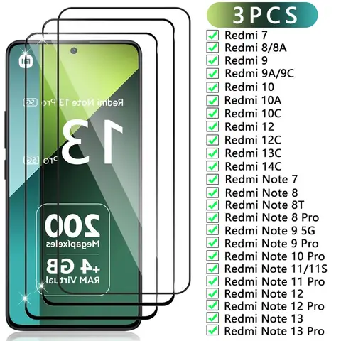 3PCS กระจกนิรภัยสำหรับเสี่ยวมี่ เรดมี่หมายเหตุ 13 12 11 10 9 8 7 โปร 4G 5G ป้องกันหน้าจอสำหรับเรดมี่ 7 8 9 10A 10C 12C 13C 14C แก้ว