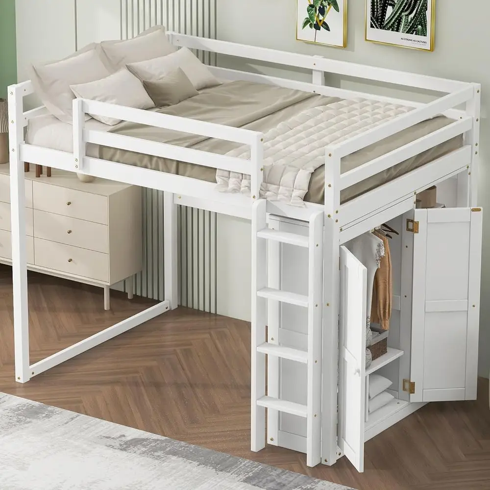 White Solid Wood Full Size Loft Bed with Built-in Wardrobe and Storage, LED Light Option for Kids & Teens