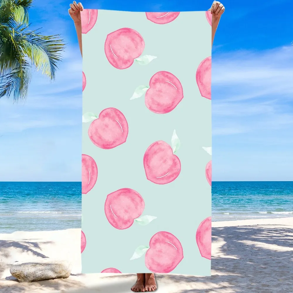 

Pink Peach Pattern Beach Towel Polyester Quick Dry Sand Free Bath Towel Fruit Print Blanket for Summer Seaside Vacation Travel