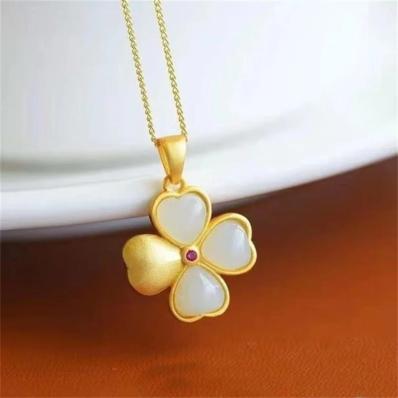 

Классический кулон с цветком клевера, женское колье, аксессуары, темпераментное нефритовое ожерелье, женские ювелирные изделия