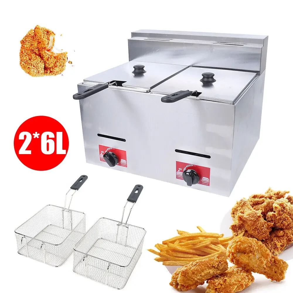 

Commercial Deep Fryer with 2 Baskets 2 Pan 403 Stainless Steel Countertop Gas Fryer Food Warmer Buffet Adjustable Temp