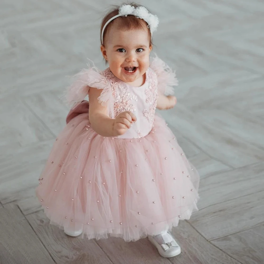 Robe longue à fleurs pour filles, col rond, sans manches, bouffante, Tutu, robes de fête d'anniversaire pour filles, robes de cérémonie en Tulle pour enfants