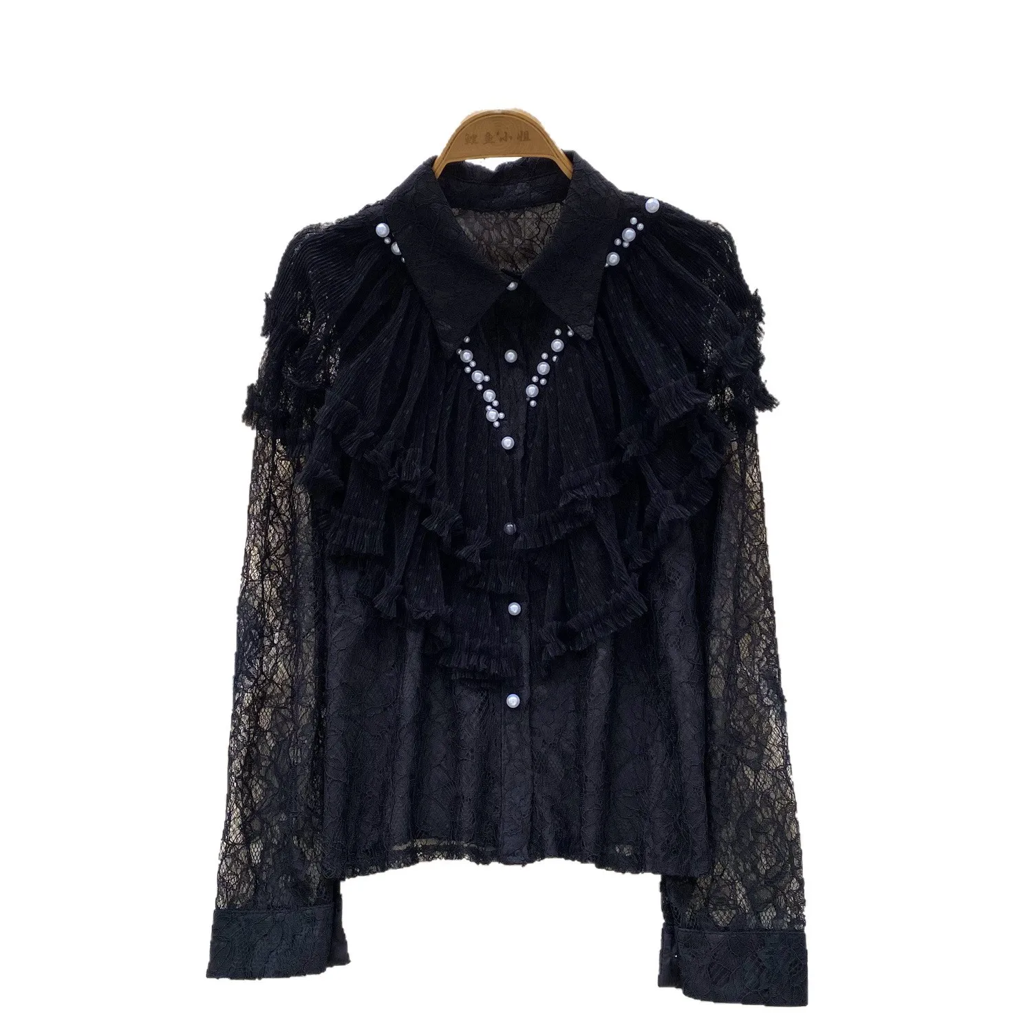 Women Shirt Coats Casual Blouses Jackets Spliced Lace Beaded Ruffled Turn Down Collar Long Sleeves Slim Office Lady 2025 Autumn