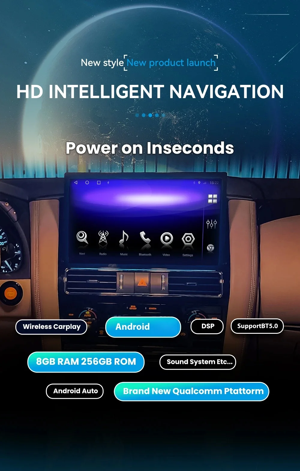 

Мультимедийный беспроводной видеоплеер CarPlay, Bluetooth стерео для Nissan Patrol Y62 2010-2023, Android GPS, головное устройство Navi, сенсорный экран