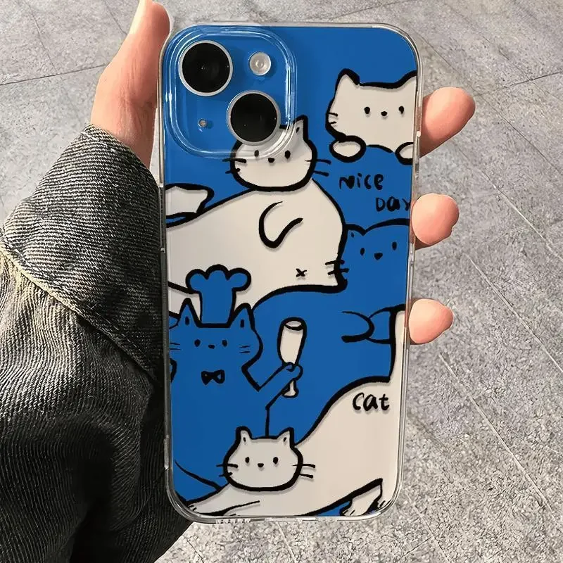 New Blue and white graffiti cat For iPhone15PROMAX 14 13 1211Pro XR XS Max78 Plus NicheY2  creativity  Anti fall Soft Phone Case