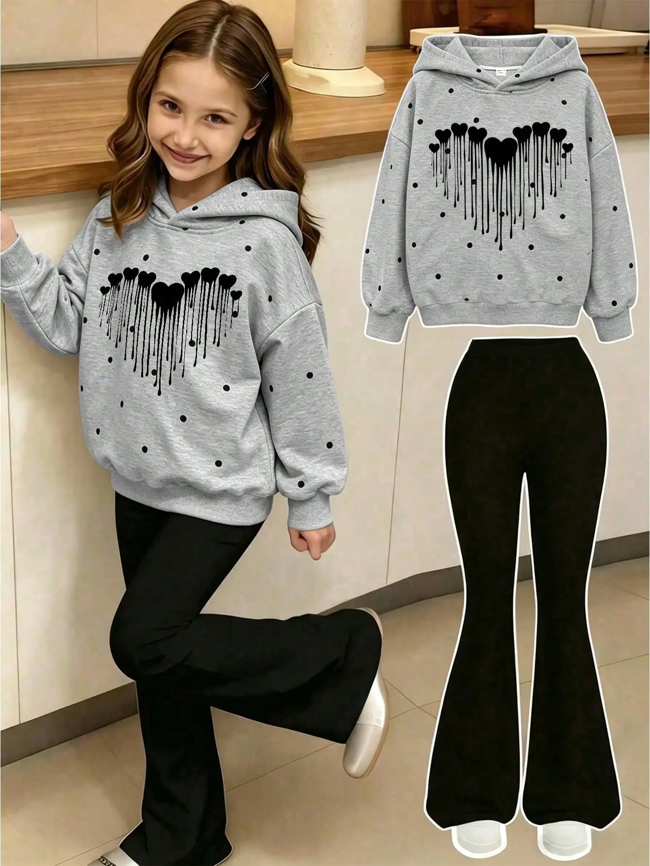 2pcs/Set Young Girl Casual Heart Print Grey Long Sleeve Hoodie And Black Flare Pants,Cute Cartoon Stylish Outfit,School,Back-To-School