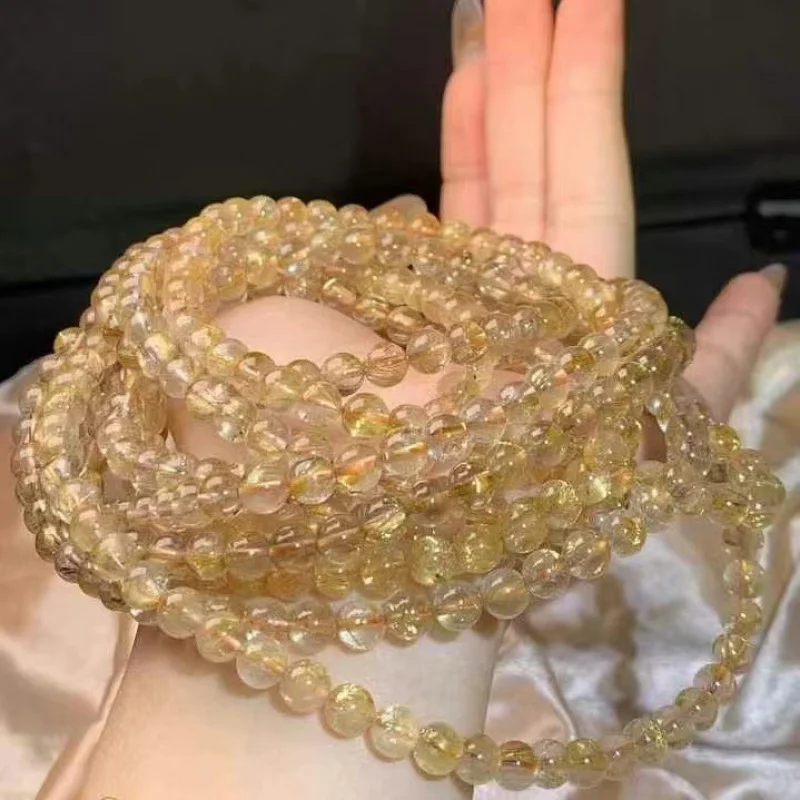 Natural Gold Rutilated Quartz Three-Ring Yellow Hair Multi-Wrap Bracelet Transparent