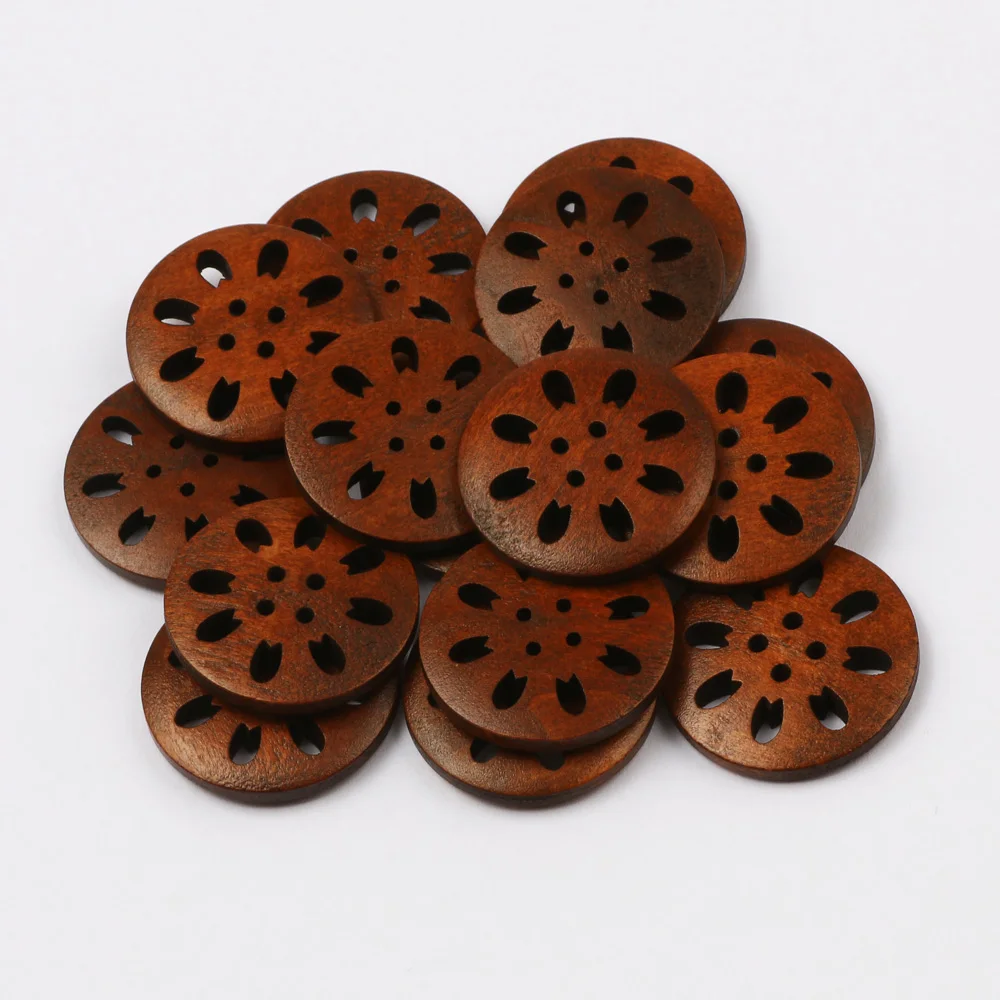 20pcs 25mm Brown Round Hollow Flower Natural Wooden Buttons For Clothing Decoration Craft Diy Cardigan Sewing Button Accessories