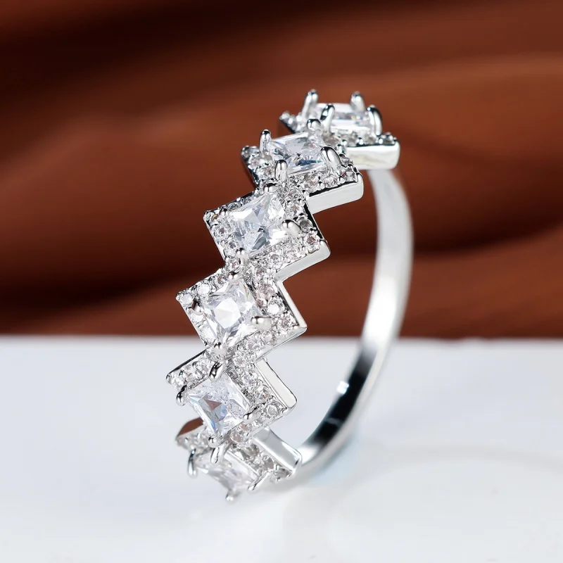 European and American New Diamond Princess Square Broken Diamond Fine Ring Continuous Geometric Light Luxury Banquet Jewelry