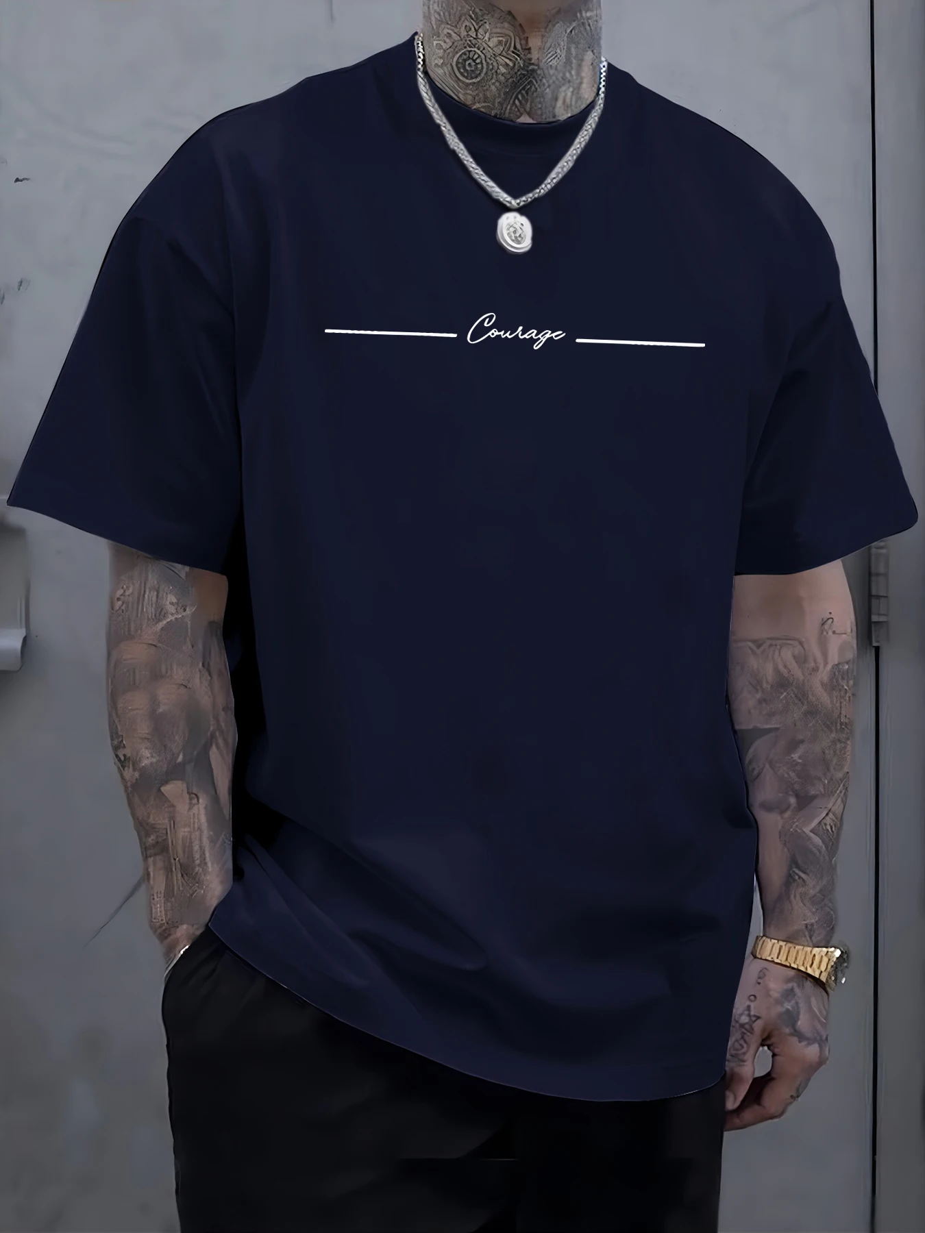 Courage Simple Line Bedruckte Herren-T-Shirts aus Baumwolle, atmungsaktiv, kurzärmelig, trendige, lockere Kleidung, Sommer, weiches Mode-T-Shirt