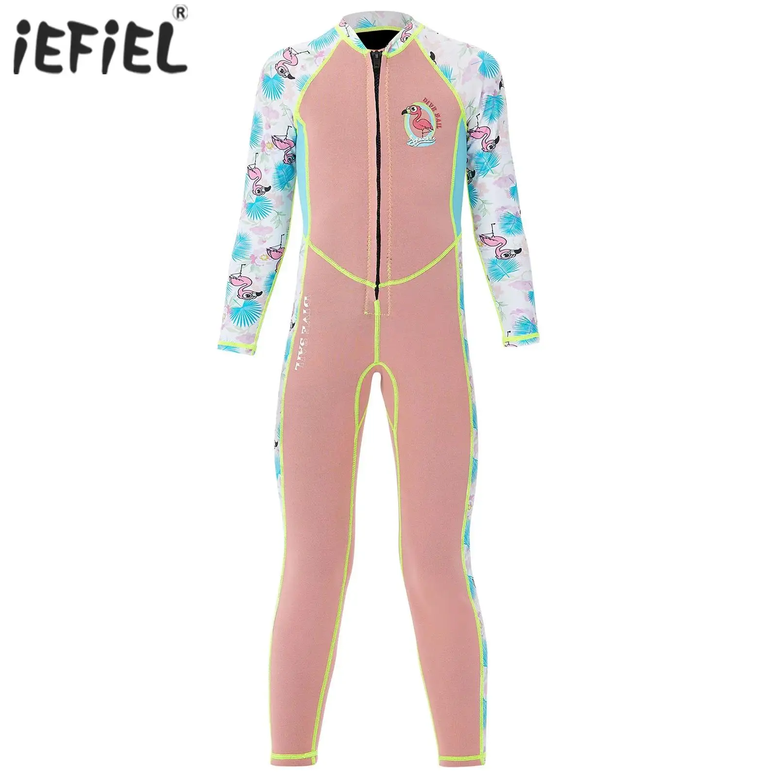 Kids Girls 2mm Neoprene Wetsuit Bird Printed Color Block Full Body Jumpsuit Long Sleeves Bodysuit Snorkeling Surfing Swimwear