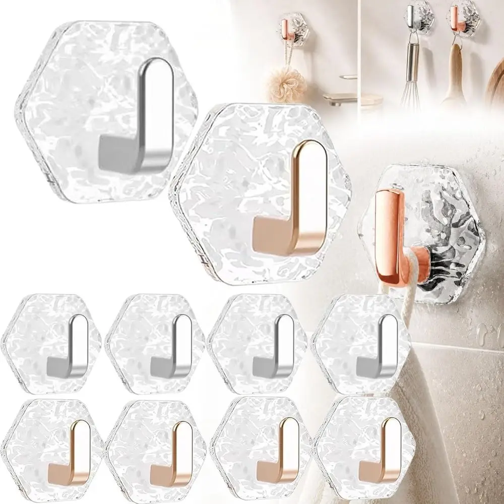 5Pcs Hexagonal Shape Self Adhesive Hooks Water Ripple Texture Waterproof Wall Hooks Removable Heavy Duty No Drill Hooks