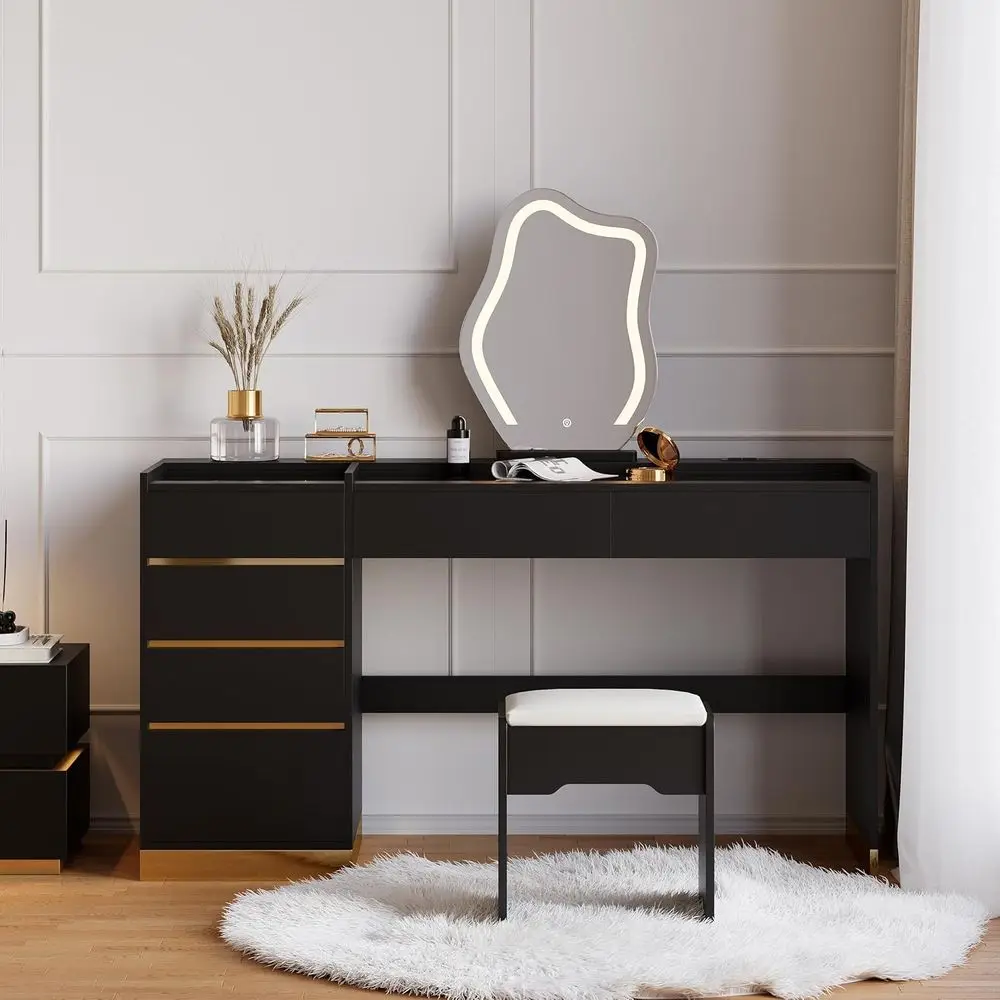 

LED Mirror Vanity Desk with Power Outlet, Tempered Glass Top, 6 Drawers, 3 Lighting Modes Makeup Table with Chair for Bedroom
