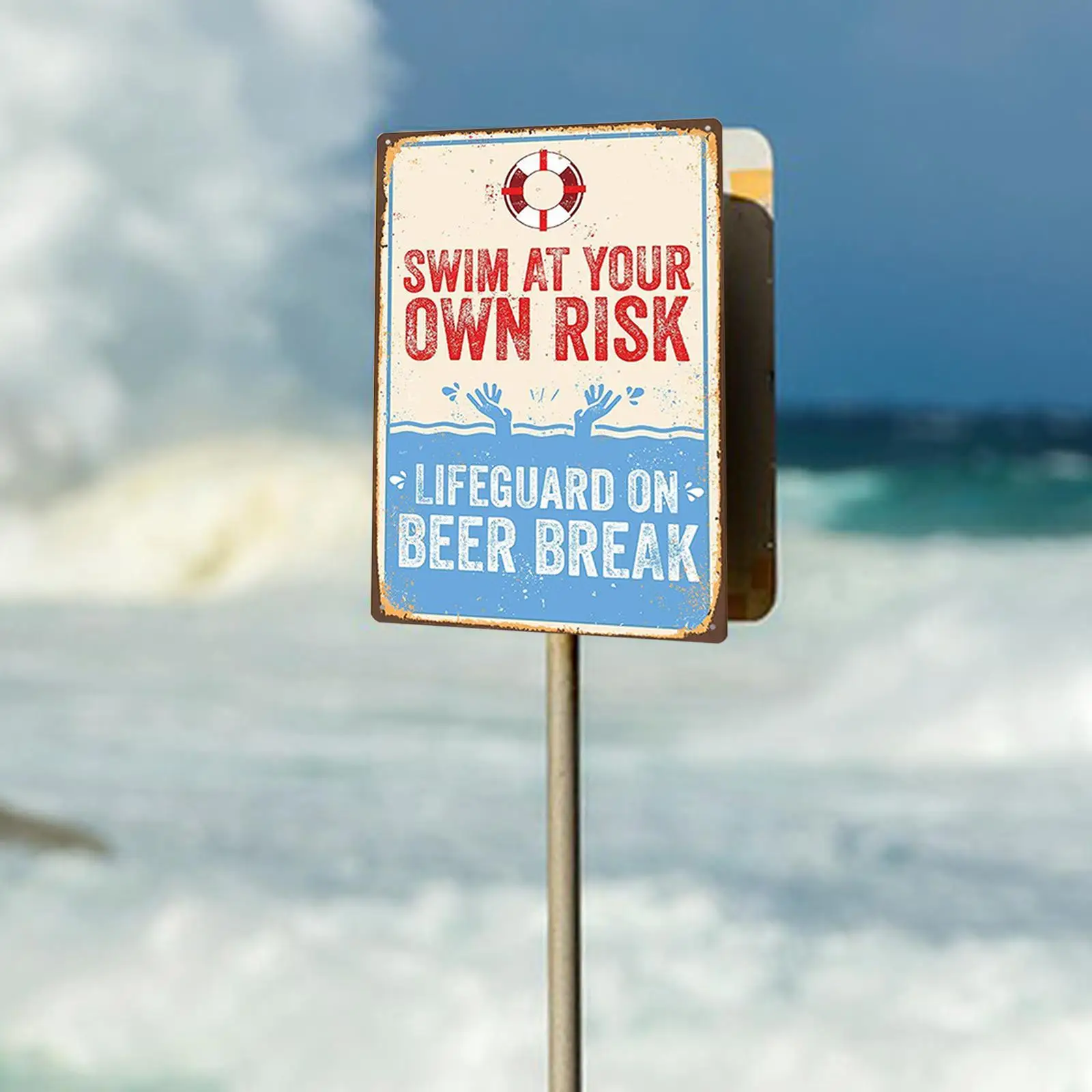 Vintage Pool Sign Metal Outdoor Wall Decoration Swim at Your Own Risk Funny Plaque Waterproof