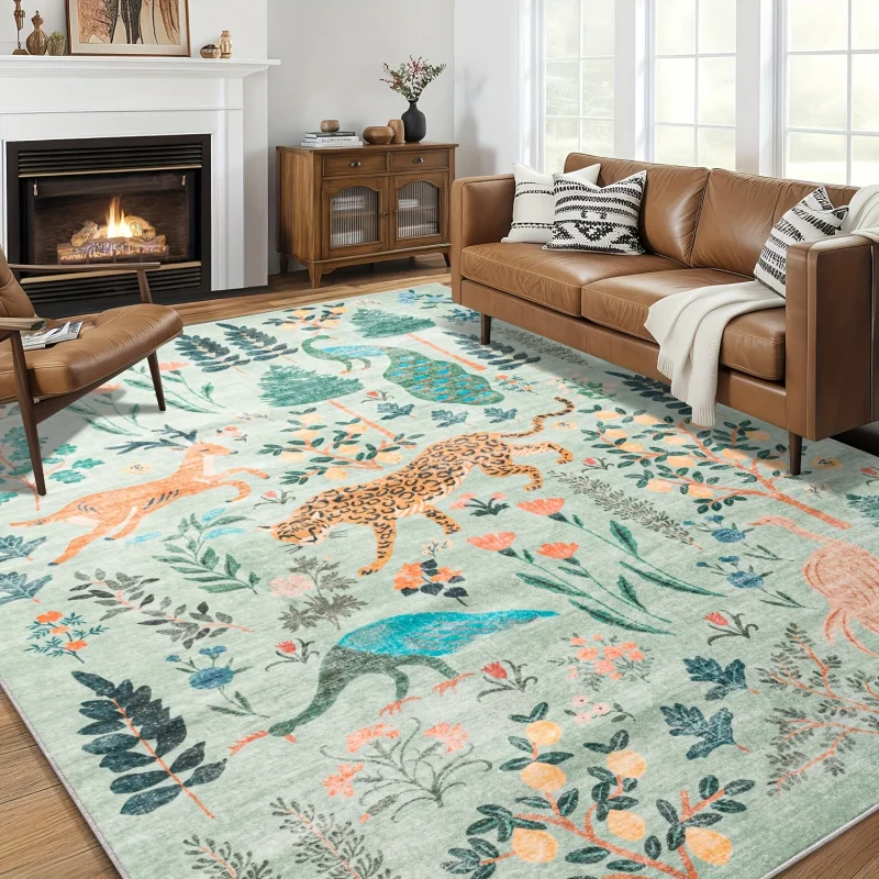 VIKAMA Boho Jungle Animal Area Rug, Vintage Leopard Deer Peacock Large Carpet, Non-Slip Soft Living Room Rug for Bedroom Home