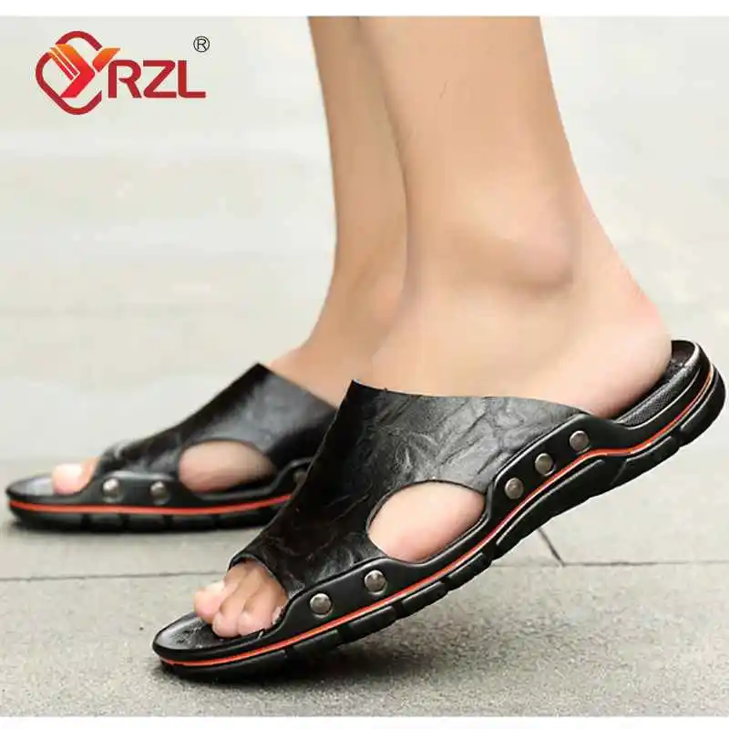 YRZL Slippers Mens PU Leather Classic Summer Men Sandals Soft Brown Outdoor Comfortable Slippers Lightweight EVA Slides for Men