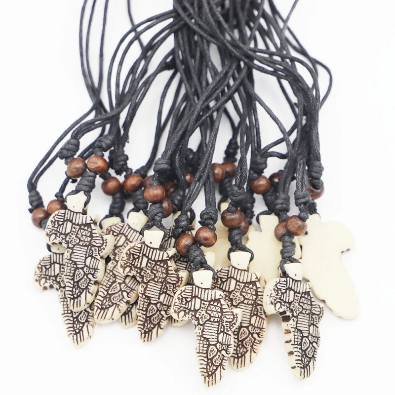 Hot Sale  10pc set Ox Bone Resin Africa Map Pendant Cotton String Men's Necklace