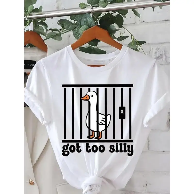 

Women Funny Got Too Silly T-Shirt Cute Duck In Cage Graphic Tee Humorous Slogan Playful Animal Print Casual Loose Top Gift