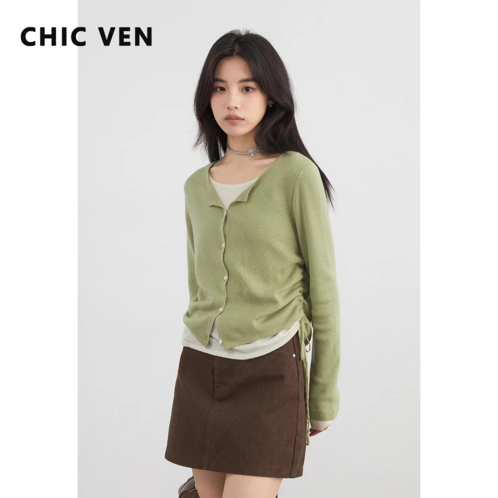 CHIC VEN Women Pullovers Korean Contrast O-Neck Drawstring Waist Slim Knitted Jumpers Female Sweaters Spring Autumn New 2025