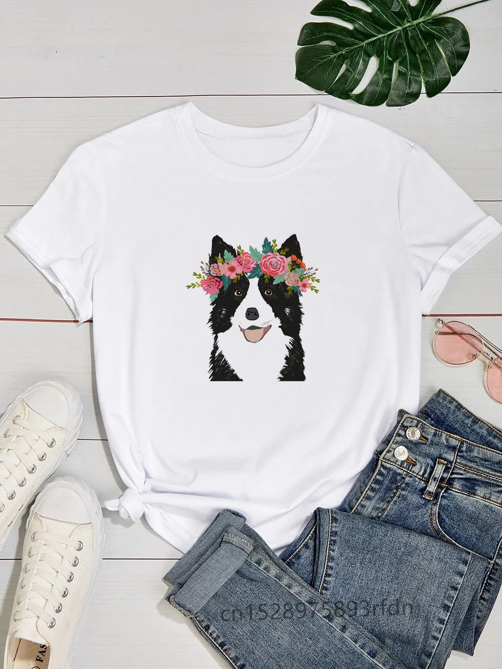 Border Collie Women Funny Print Ladies T-shirt Girl Y2K Basis O-collar White Shirt Short