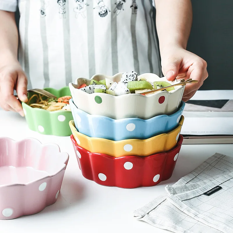 Colorful Polka Dot Ceramic Lace Bowl Fruit Salad Tableware Eating Rice Bowl Creative Cutlery Lovely Exquisite Bowl Home Kitchen