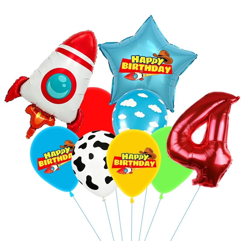 Rote, gelbe und grüne Spielzeugballons, hellblaue Ballons mit Wolken- und Kuhmuster für die Dekorationen zu Babystory- und Cowboy-Partys – Detail 14