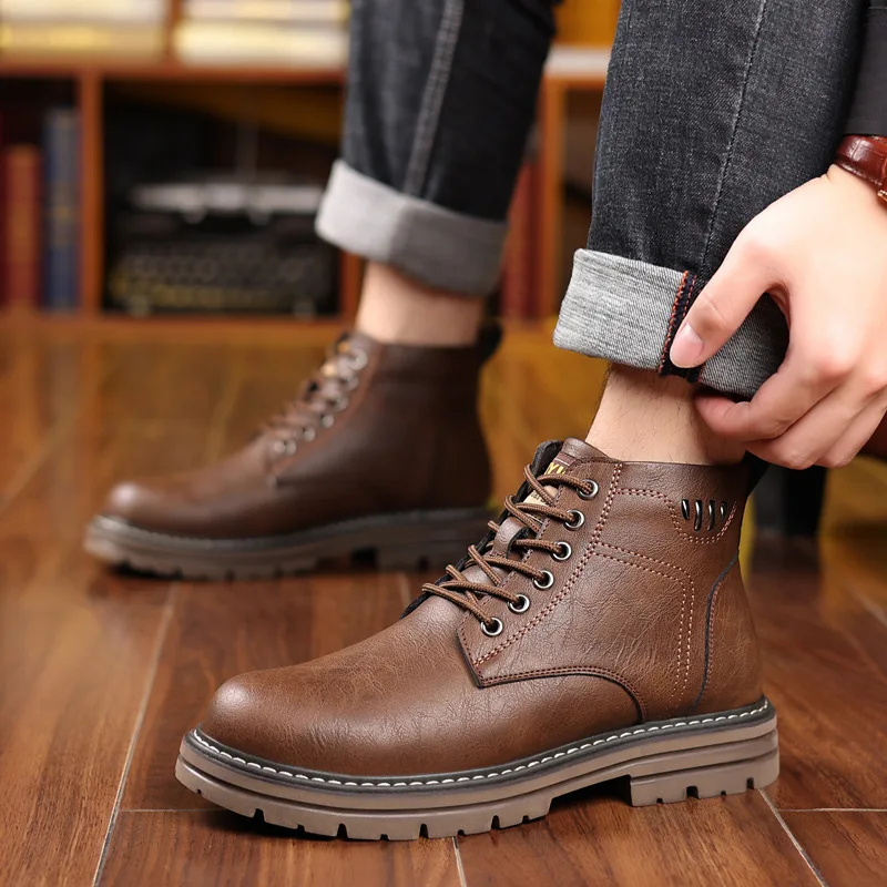 Winter Men Boots Outdoor Motorcycle Retro British Ankle Men Warm Leather Shoes Round Toe Cold-proof Mens Office Work Snow Boots