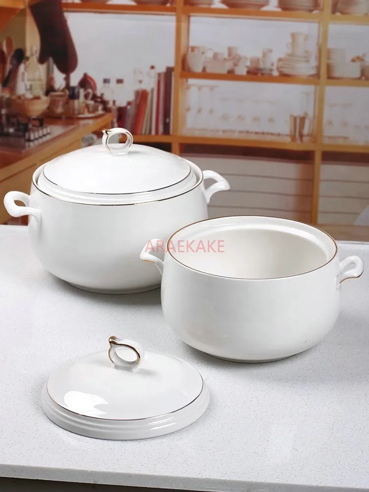 Ceramic Soup Bowl Large Household Single Soup Bowl with Handle Cover 8-inch Steam Creative Special White