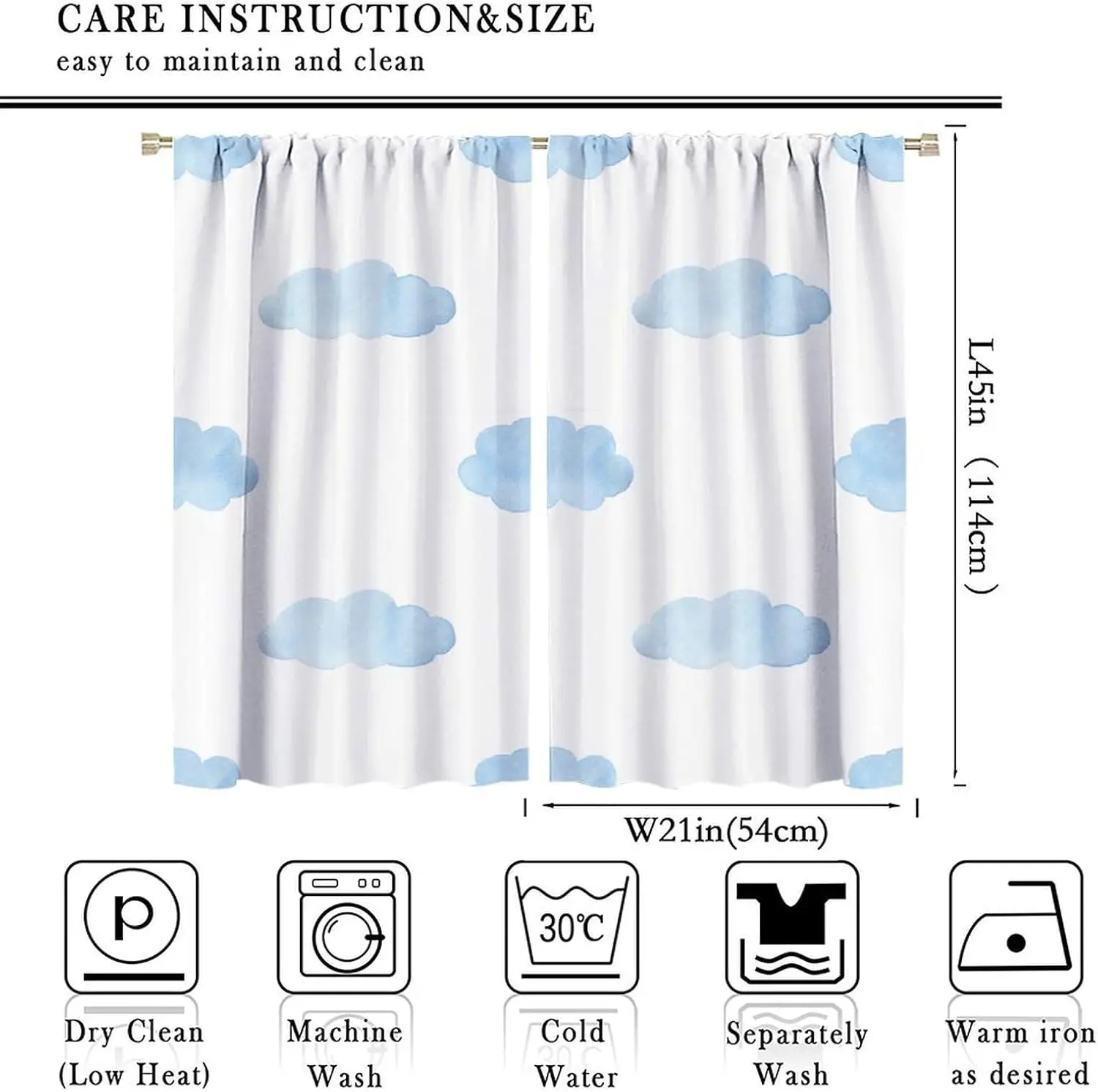 Fresh Hand Drawn Cloud Curtain Light Blue White Base Art Print Light Blocking Drape  Nursery Boys Room Hotel Window Home Decor