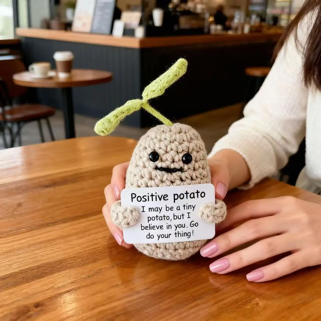 Cute Crochet Potato Toy  Handmade Amigurumi Doll with Motivational Quote Kawaii Room Decor & Gift for Friends