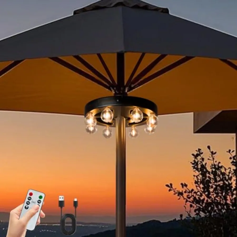 Umbrella Lights Outdoor Patio, Rechargeable Cordless with Dimmer andTimer, 8 Bright Warm White LED Bulbs Perfect for Garden, Ba