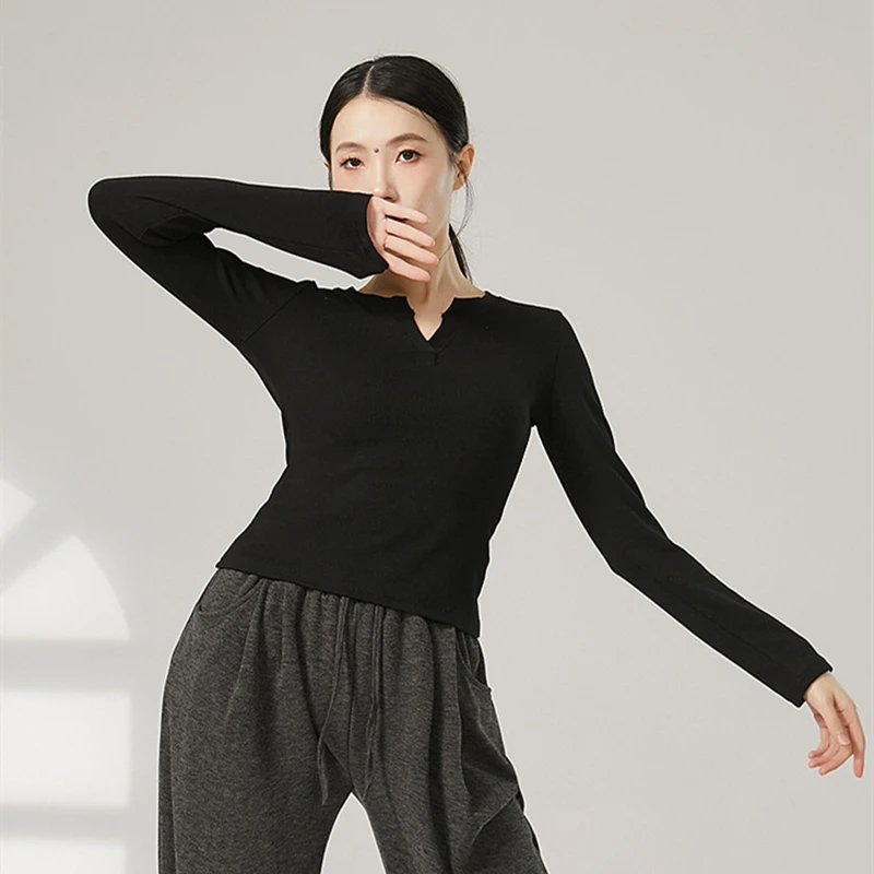 Modern Dance Top Women V-Neckline Long Sleeve Blouse Shirt Slimming Fitting Training Clothes Solid Line Practice Casual Tee Top