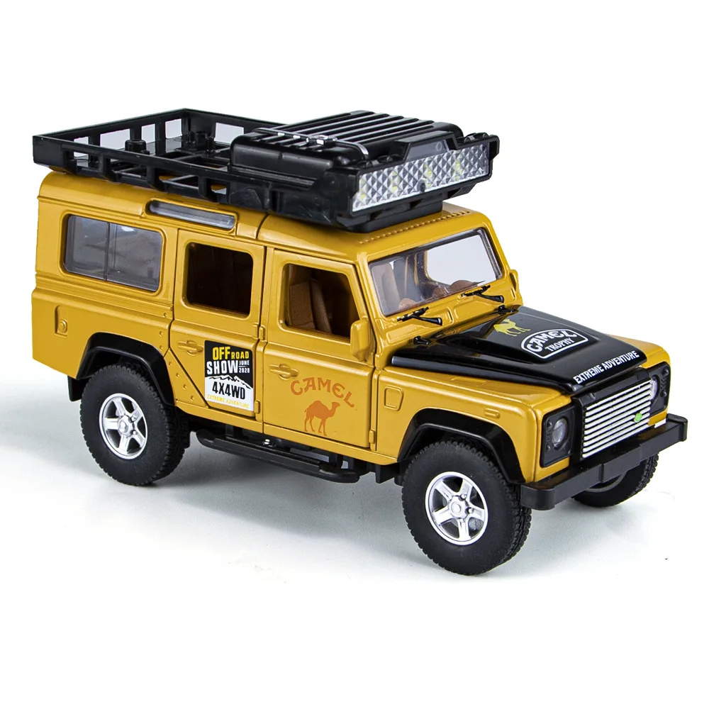 1:32 Land Rover Defender 110 CAMEL TROPHY Legering Model Auto Geluid en Licht Trek kinderen Speelgoed Collectibles verjaardagscadeau