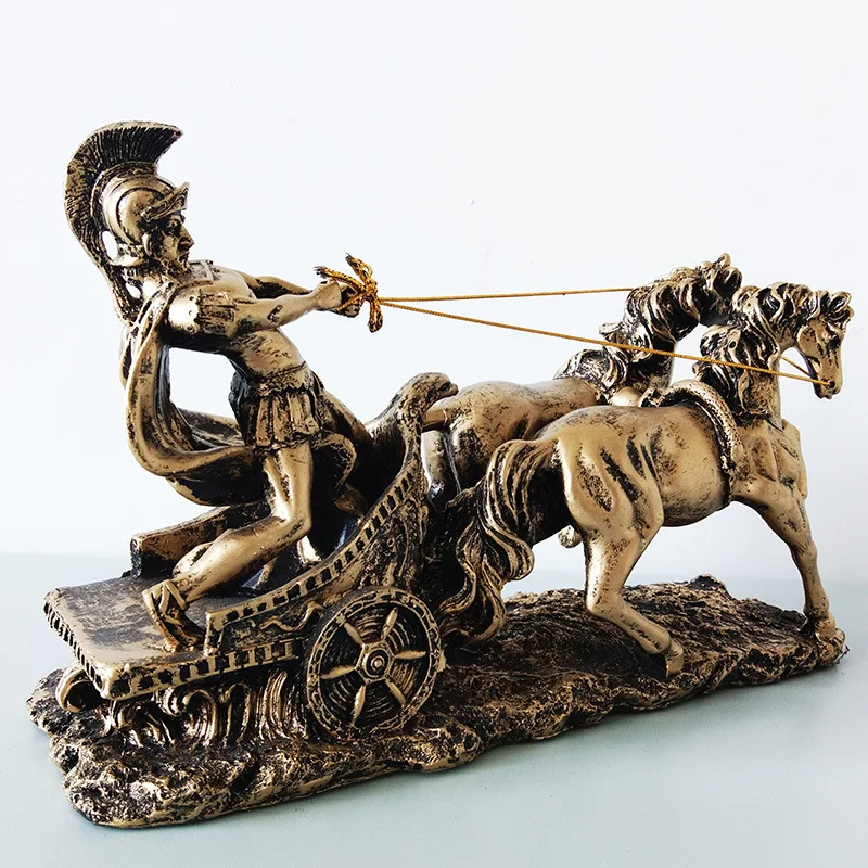 1pcs Vintage Roman Chariot Sculpture Golden Horse and Warrior Living Room Desk Decor Home Decoration Resin Handmade