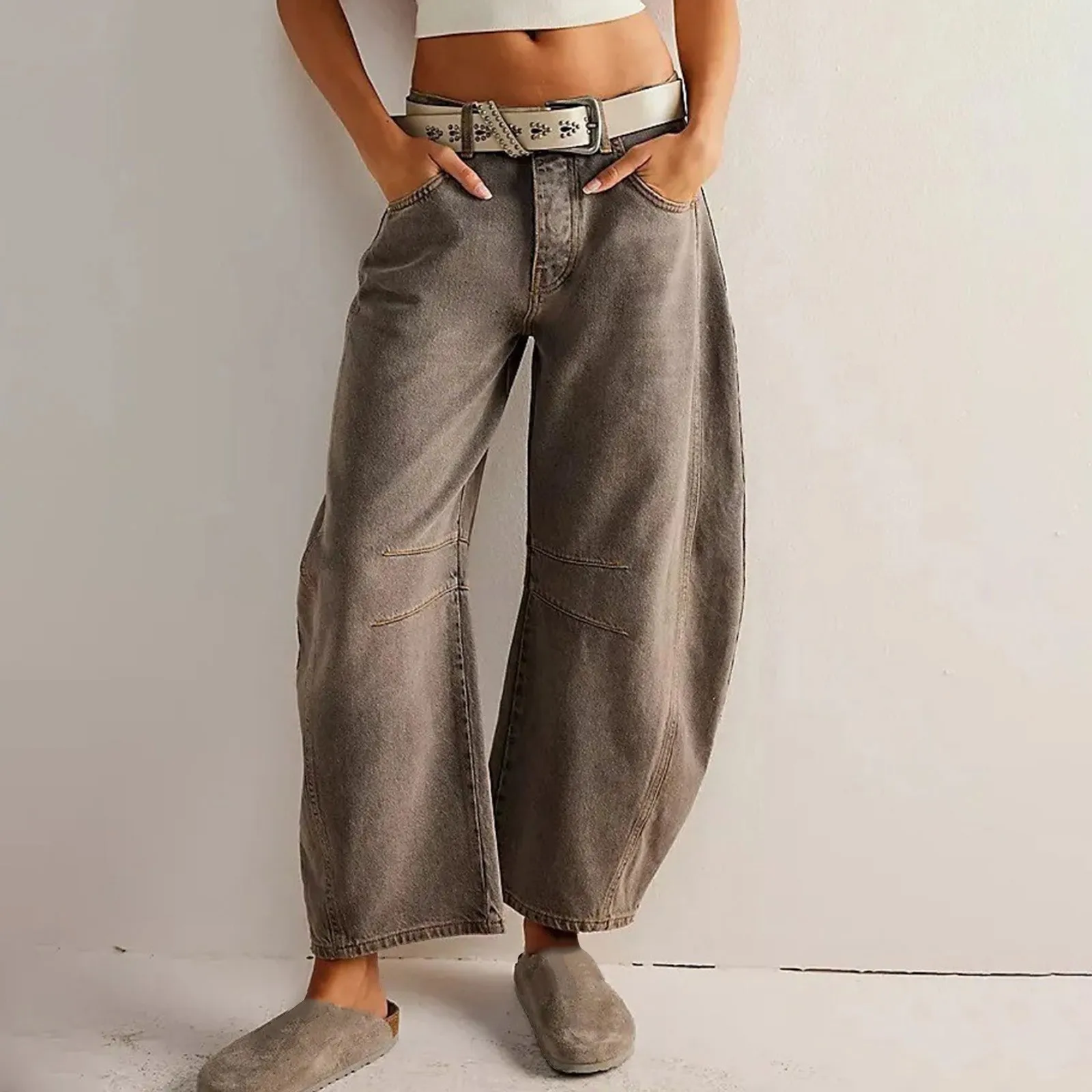 Loose Wide Leg Jeans Solid Color Mid-Rise Barrel Denim Pants Spring Fall Casual Trousers Streetwear Punk Trendy Long Trousers