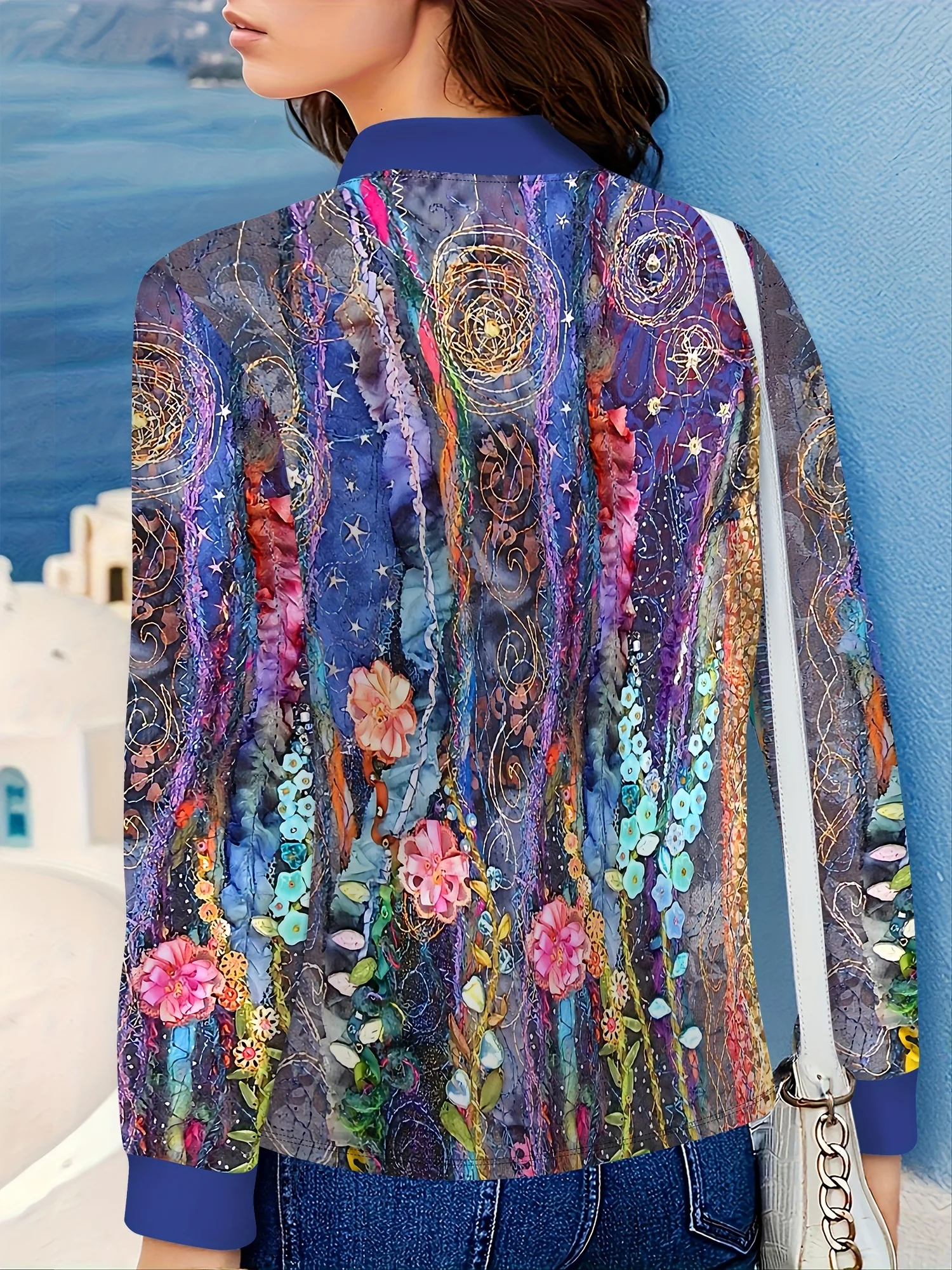Dámská bunda s 3D květinovým vzorem a olejomalbou, zářivý botanický potisk, celoroční dlouhý rukáv, ležérní elegantní kabát - náhled 3