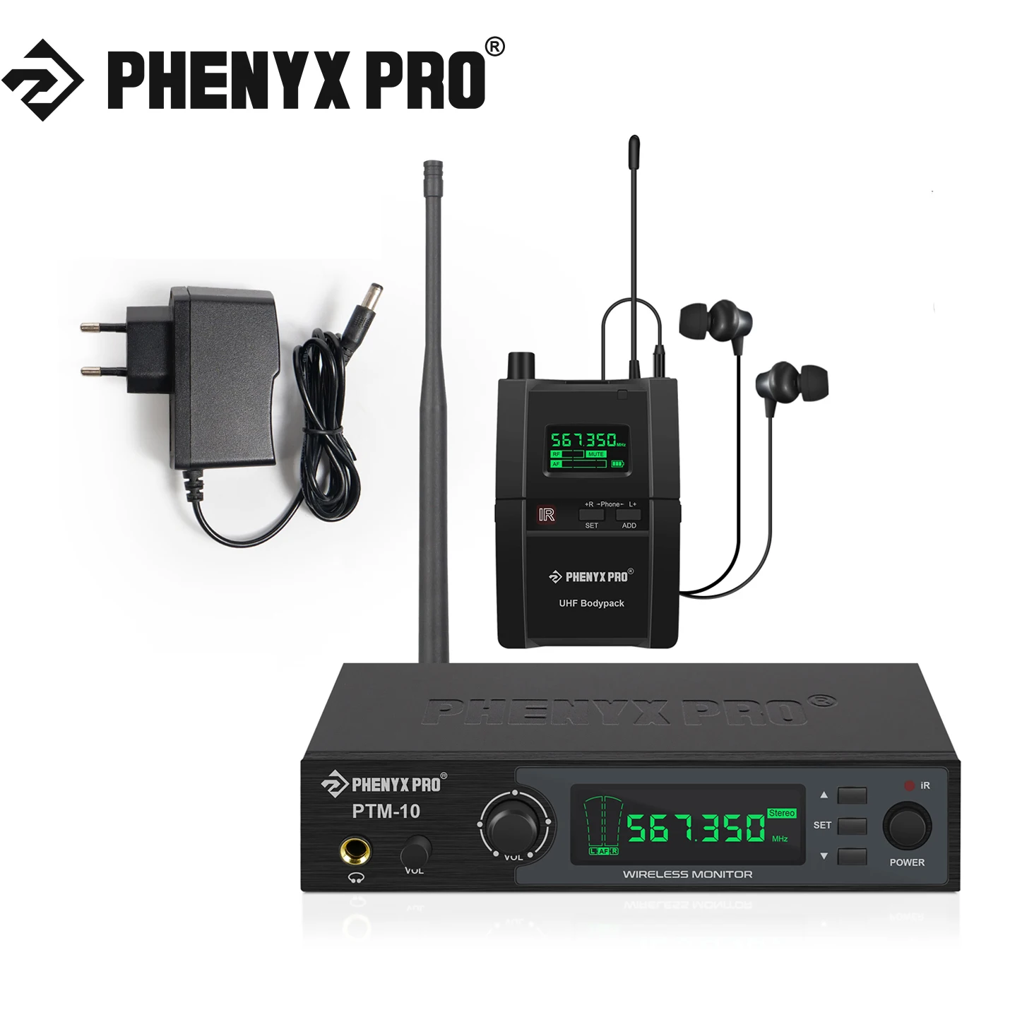 PTM-10 In Ear Monitor Wireless System UHF Stereo Audio Transmitter and Bodypack Receiver 900MHz/500MHz Metal Phenyx pro